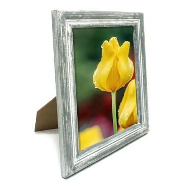 Imagem de CVHOMEDECO. Porta-retrato 15 x 20 cm feito de vidro de alta definição rústico vintage moldura pequena para exibição de mesa e montagem na parede, azul-petróleo envelhecido