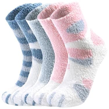 Imagem de Meias felpudas para mulheres - meias fofas e engraçadas, meias femininas quentes macias e aconchegantes, meias divertidas novidades, meias de chinelo para mulheres, 5 pacotes/3 pacotes, 5 pares - pata de gato rosa e azul, 6-10, 6-10