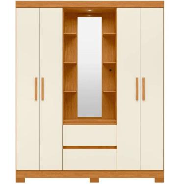 Imagem de Guarda Roupa Capelinha Olimpia Solteiro com Espelho 4 Portas 2 Gavetas Albatroz Cor Cinamomo Off White