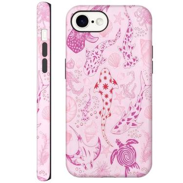 Imagem de CAINAT Capas estéticas para iPhone 16e, tubarões rosa, tartarugas, conchas, algas marinhas, capa protetora rígida híbrida de 2 camadas para mulheres e meninas