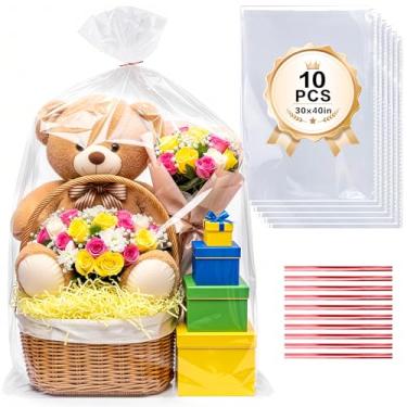 Imagem de Ableme Deco Sacos de cesta transparente, pacote com 10, embalagem de celofane transparente para presente; presentes 76,2 cm x 101,6 cm sacos de cesta de Páscoa de 2 mm de espessura (10)