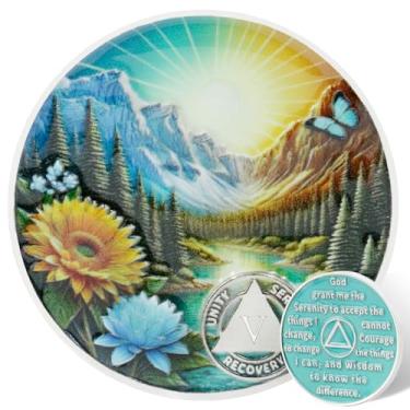 Imagem de Leafence Moeda AA Sobriedade Serenidade Oração Recuperação Chip Montanha e Natureza Design Medalhão AA Inspirador Sobriedade Token para Marcos de Recuperação (Daylight Mountain Sunrise, 5 Anos)