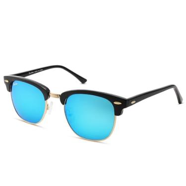 Imagem de Pro Acme Óculos de sol quadrados sem aro para homens e mulheres, lentes de vidro 100% reais, Lente espelhada azul com armação dourada preta A02, 51MM