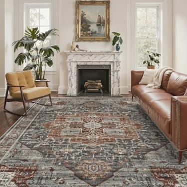 Imagem de Roxstand Tapete 6x9, tapetes de área laváveis resistentes a manchas com suporte antiderrapante, tapete boêmio persa vintage, quarto grande, tapetes de sala de estar, tapete macio dobrável (cinza/marrom/castanho, 182 x 23 cm)