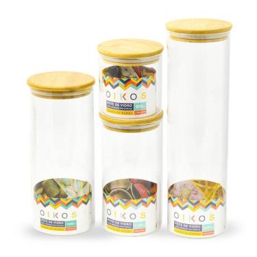 Imagem de Conjunto 4 Potes Herméticos De Vidro Tampa Bambu Redondo