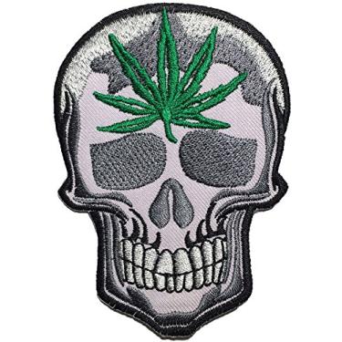 Imagem de Crânio erva daninha maconha folha cânhamo grama ganja bud logotipo fantasma esqueleto fora-da-lei motociclista punk passeio hippie rock heavy metal jaqueta de motocicleta costurar ferro em emblema