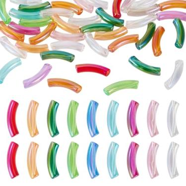 Imagem de Craftdady 50 peças de contas de tubo de acrílico revestimento UV contas de tubo curvado arco-íris transparente contas de coluna iridescente espaçador cor mista para pulseira faça você mesmo joias