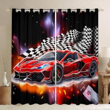 Imagem de Cortinas de carro de esportes de velocidade cortinas de janela de esportes radicais para quarto sala de estar para decoração de crianças cortinas de janela vermelhas microfibra tabuleiro de xadrez tratamentos de janela roupas de cama de quarto 38 L x 54L, 2 painéis