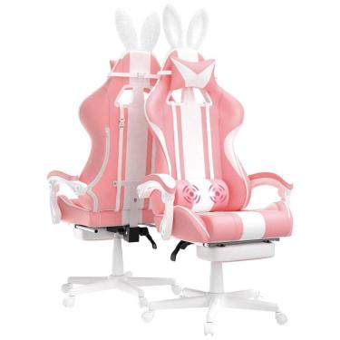 Imagem de Cadeira Gamer com Orelhas de Coelho e Apoio para Lombar e Pés, Ferghana, Rosa