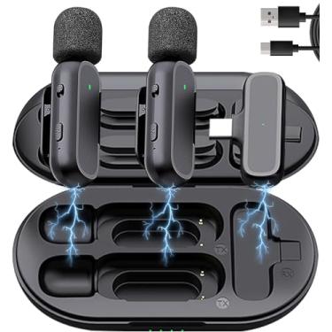 Imagem de SENXIN Microfone de lapela sem fio K61 com estojo de carregamento para microfone de podcast com cancelamento de ruído tipo C para YouTube TikTok Vlog Entrevistas Facebook Live Streaming (2 microfones