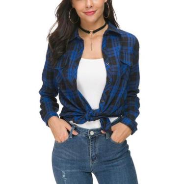 Imagem de Blusa feminina NUOREEL, casual, xadrez, macia, manga 3/4, azul royal