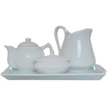 Imagem de Jogo Café e Chá, Bandeja + Bule Chaleira 400ml + Açucareiro barquinha 100ml + Jarra Leiteira 740ml - Kit Porcelana Branc