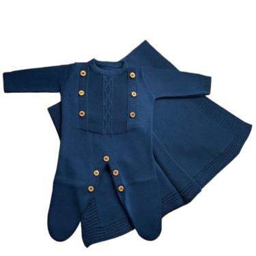 Imagem de Saída Maternidade de Tricot Luxo Macacão e Manta Bebê Menino