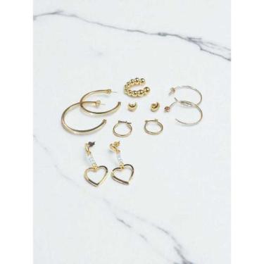 Imagem de Brincos Femininos Dourados Kit 6 Pares Folheados Modelos Variados - DJ