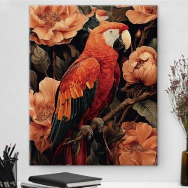Imagem de Arte de parede em tela de papagaio floral vintage papagaio escuro Academia impressão de arte estética pássaro pintura para casa quarto fazenda sala de estar decoração de parede 20 x 25 centímetros