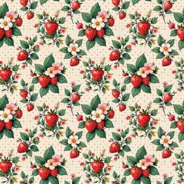 Imagem de Tecido Tricoline Morangos e Flores - Coleção Handmade - Peripan - 50 c