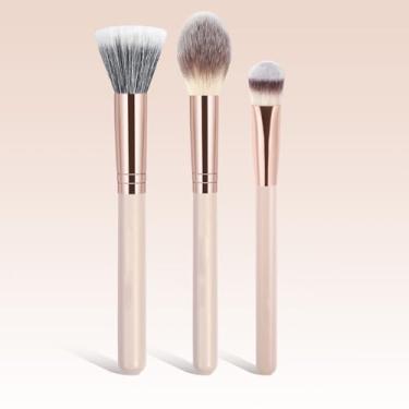 Imagem de 3 pincéis de maquiagem facial para contorno de blush de base líquida e mistura de sombras uniformemente (tez)