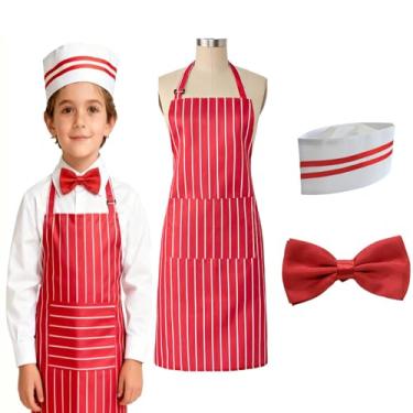 Imagem de NUMJAW Fantasia de garçom adulto dos anos 50, kit de fantasia de soda idiota - 3 peças chapéu vermelho e branco listrado avental gravata borboleta para cosplay de cachorro-quente de Halloween