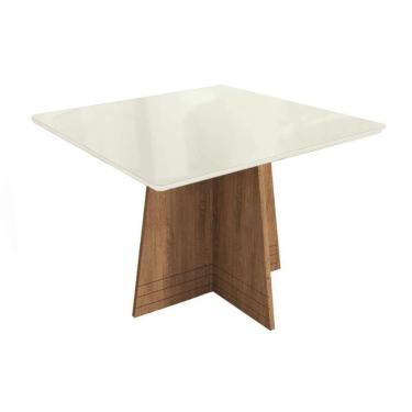 Imagem de Mesa Para Cozinha Lótus Com Tampo Madeirado Com Vidro 105x105m Freijó Off White Kappesberg