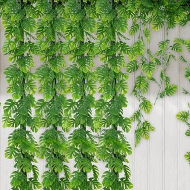 Imagem de 172 cm Folha de tartaruga artificial verde rattan planta falsa folha de hera DIY decoração de parede de casa de casamento planta artificial rattan (2 peças)