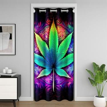 Imagem de Homewish Cortina de porta de maconha gradiente desenho animado verde azul botânico cortina de porta privacidade para crianças adolescentes adultos exóticas coloridas retrô flores cortinas de porta