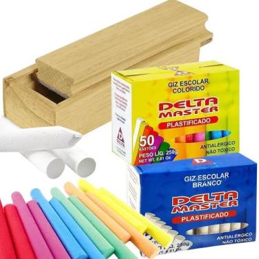 Imagem de Giz De Lousa Branco / Colorido + Apagador Madeira Porta Giz - Diversos