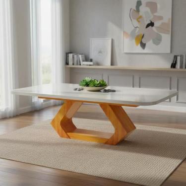 Imagem de Mesa Lottus 220x110 MDF/Vidro Bom Pastor, Base Naturale Tampo OFF