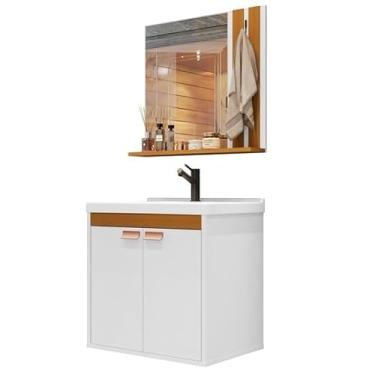 Imagem de Kit Armário Organizador Gabinete P/Banheiro Com Espelheira E Cuba2 Portas (Palas Branco Com Nature)