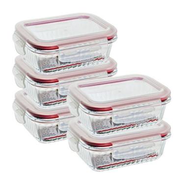 Imagem de Kit 5 Potes Hermético Vidro Resistente Marmita 370ml Fitness - DONA LA