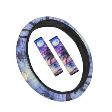 Imagem de Capa de volante UniCEU 3 peças Tie Dye para homens e mulheres, acessórios coloridos para roda de carro com capa de volante, 2 pacotes de almofadas de cinto de segurançaUNICEU preto UNICEU