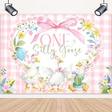 Imagem de LIGHTINHOME Pano de fundo One Silly Goose 17 x 13 cm A para crianças, engraçado, festa de aniversário de 1º aniversário, laço rosa, aquarela floral, decoração de fundo, decoração de estúdio de estúdio