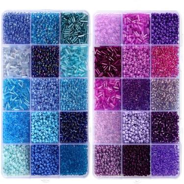 Imagem de Misdary Kit de 30 cores de sementes e cornetas de vidro, 2 caixas organizadoras, contas soltas para fazer joias, pulseiras e colares artesanais (azul e roxo)
