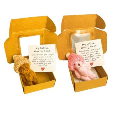 Imagem de QZAVIRE 2Pcs Emotional Support Gift for Adults, Handmade Crocheted Worry Bear with Inspirational Card, Mini Plush Keepsake in Box for Encouragement Desk Decor for Office Friends (Pink and Coffee)