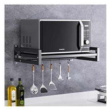 Imagem de HHHJQFAAT Organizador de prateleira de cozinha, prateleira de micro-ondas montada na parede, suporte de micro-ondas de aço inoxidável, suporte de forno, organizador de armazenamento com 5 ganchos ()