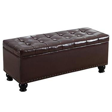 Imagem de Banqueta dobrável para sofá otomano de couro PU banco de sapatos grande caixa de armazenamento de madeira maciça banco de armazenamento peso 150 kg vários tamanhos otomanos (cor: marrom, tamanho: 100