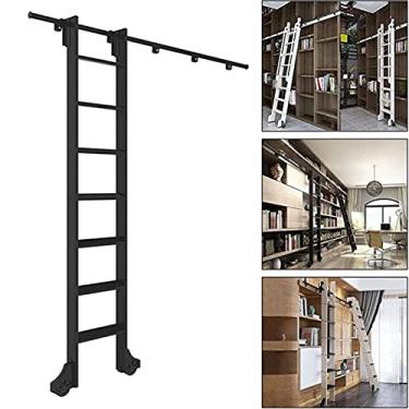 Imagem de Kit de ferragens de escada de biblioteca de rolamento, kit de trilho de porta deslizante (sem escada), trilho de sistema de escada móvel de tubo redondo preto com conjuntos de rodízios (tamanho: 13