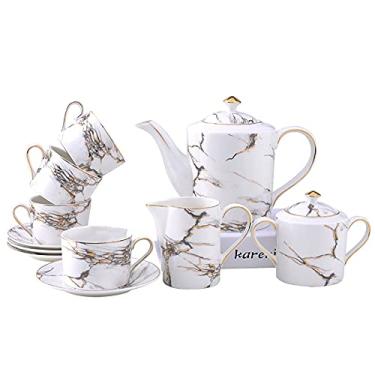 Imagem de Conjunto de chá de porcelana xícaras de café e pires com bule de chá, açucareiro, jarro de leite, xícaras de chá e café de cerâmica com padrão de mármore (branco)