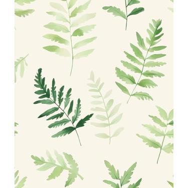 Imagem de Papel de parede de folha de samambaia descasque e cole, papel de contato com folhas verde/bege, papel de parede minimalista botânico vintage, autoadesivo, removível, impermeável, para prateleiras de
