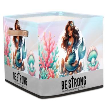 Imagem de hongjinglin Cestos dobráveis de armazenamento de cubo sereia meninas africanas caixas dobráveis brinquedo infantil com alças organizador de armazenamento de tecido cesto para berçário, sala de estar