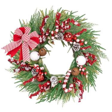 Imagem de Guirlandas de Natal para decoração externa da porta da frente, enfeites de bola de bengalas doces de 50,8 cm, flocos de neve, ramos de pinheiro, decorações de inverno com laço para Natal, férias, casa