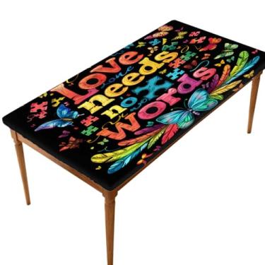 Imagem de hongjinglin Toalha de mesa retangular de 1,8 m elástica ajustada com autismo, cor de palavra, capa de mesa retangular, impermeável, lavável, protetor de mesa para piquenique, jantar, cozinha