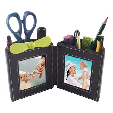 Imagem de PLENTY Porta-lápis de couro com moldura para foto, organizador de artigos de papelaria de mesa com fecho magnético para presente de casa e escritório (marrom)