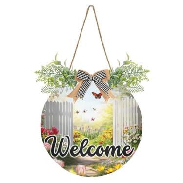 Imagem de SEHANY Placa de boas-vindas com flores de jardim, decoração de porta da frente, guirlanda de boas-vindas redonda para decoração de casa de fazenda, varanda, pátio, 30 x 30 cm