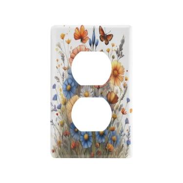 Imagem de Blueangle Placa de parede duplex Wildflowers Butterflies Outlets, tamanho padrão, placas de cobertura de tomada elétrica de 1 gangue para decoração de quarto de escritório em casa, 4,53 x 2,76