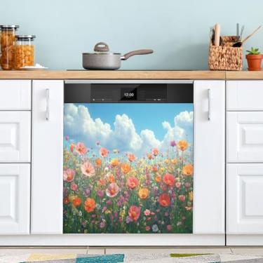 Imagem de ATTX Flores silvestres pintura a óleo capa ímã máquina de lavar louça, 58.4 cm C x 66.0 cm A decoração frontal da capa da máquina de lavar louça, decalques de armário doméstico eletrodomésticos