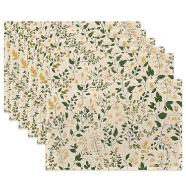 Imagem de Jogo americano de pano de folha verde, folhas de ervas em aquarela resistente ao calor, conjunto de 6, tapetes de linho laváveis para decoração de mesa de sala de jantar, casa, restaurante, cafés