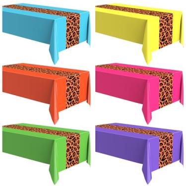 Imagem de Buryeah 6 peças de toalha de mesa com estampa de leopardo, 137 x 272 cm, capa de mesa de plástico de leopardo, descartável, safári, estampa de guepardo, decorações de festa para chá de bebê, casamento