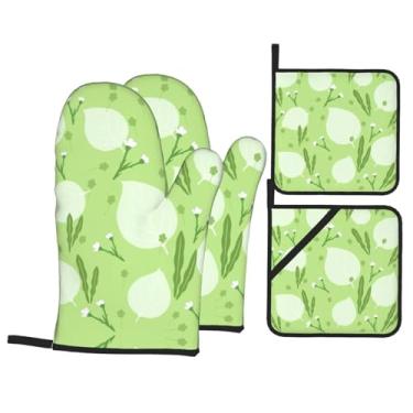 Imagem de Conjunto de luvas de cozinha com estampa de plantas, folhas e suportes de tampa, luvas de forno resistentes ao calor para manusear panelas quentes, grelhar, churrascos, kit de 4 peças.