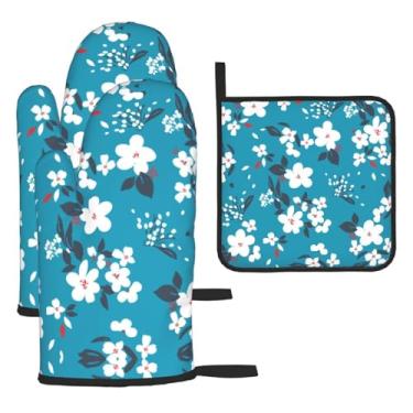 Imagem de Conjunto de cozinha essencial de 3 peças com estampa floral contratada, luvas resistentes ao calor e alça de tampa, proteção para churrasco no forno, design de armazenamento suspenso.