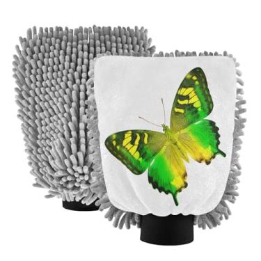 Imagem de STAYTOP Lindas luvas de lavagem de carro de borboleta verde, 2 peças, luvas de microfibra de chenille, sem arranhões, panos de esponja de lavagem ultra absorventes para carros, limpeza doméstica - G